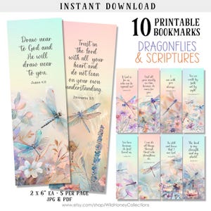 May include: Set of 10 printable bookmarks featuring watercolor dragonflies and scripture verses. Each bookmark measures 2 x 6 inches. Includes JPG and PDF files for instant download. The bookmarks have a pastel color scheme.