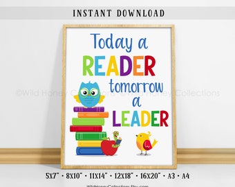 Today A Reader Tomorrow A Leader, Printable Kids Room Decor, Playroom Wall Art, Rainbow Colors, Reading Poster, INSTANT DIGITAL DOWNLOAD