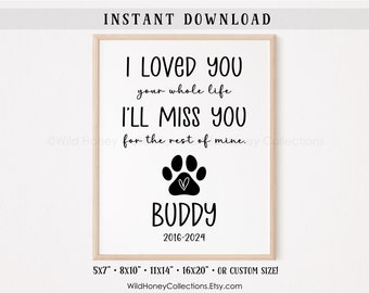 May include: Printable black and white pet memorial sign with a paw print and heart. The text reads "I loved you your whole life. I'll miss you for the rest of mine. Buddy 2016-2024".