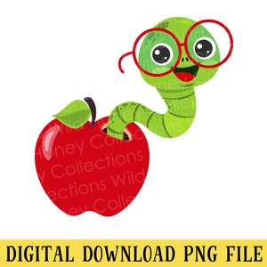 May include: A green worm with red glasses is peeking out of a red apple. The worm is smiling and has a happy expression. The apple has a green leaf on top.