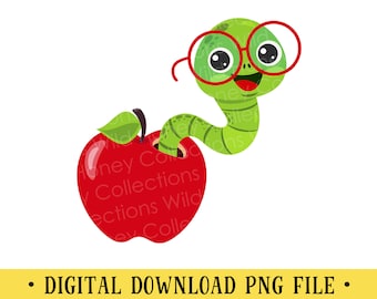 Book Worm, PNG File, Bookworm, Apple, Crafting, Sublimation, Instant DIGITAL DOWNLOAD