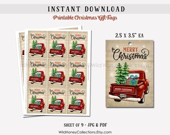 Merry Christmas Vintage Red Truck Printable Gift Tags, Favor Tags, Rustic Christmas Tags, Printable Tags, INSTANT DIGITAL DOWNLOAD