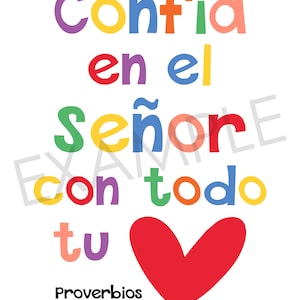 May include: Colorful text art with a red heart, reading "Conf&iacute;a en el se&ntilde;or con todo tu" and "Proverbios 3:5".