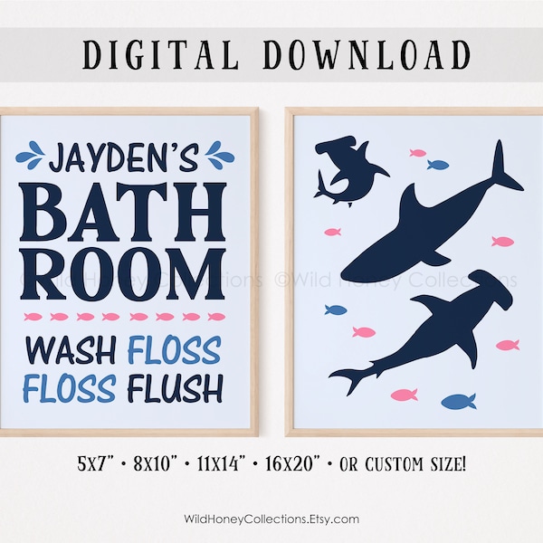 Personalized Navy & Aqua Blue Bathroom, Shark Printable Decor, Wash Brush Floss Flush, Shark Wall Art, Boys Bathroom Decor, DIGITAL DOWNLOAD