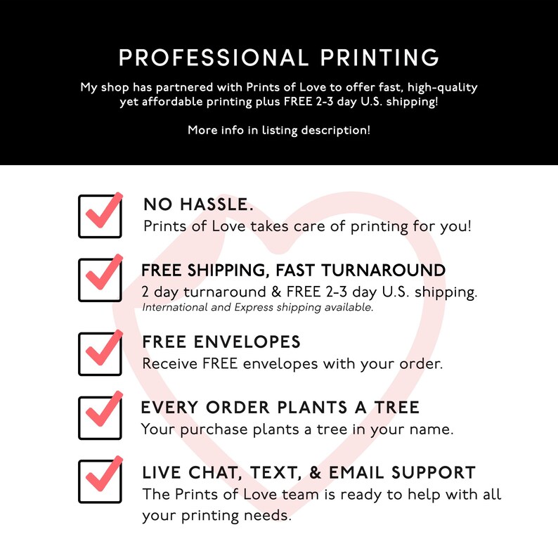 K&ouml;nnte beinhalten: Schwarz-wei&szlig; Grafik mit dem Text "PROFESSIONAL PRINTING". Der Text hebt Druckdienstleistungen hervor, einschlie&szlig;lich kostenlosem Versand, schneller Bearbeitung, kostenlosen Umschl&auml;gen und Baumpflanzung. Live-Chat, Text- und E-Mail-Support werden ebenfalls erw&auml;hnt.