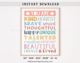 Affirmations Printable Wall Art | Kids Motivational Quotes | Soft Colors | DIGITAL DOWNLOAD