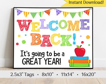 Welcome Back To School Sign & Tags, Printable Sign, INSTANT DIGITAL DOWNLOAD