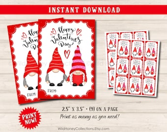 Gnome Valentine Gift Tags, Printable Valentine's Day Gnome Couple Tags, Non-Editable - You Sign! INSTANT DIGITAL DOWNLOAD