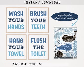 Kids Bathroom Wall Art Printable Set | Blue Bathroom Decor | Fun Hygiene Signs | DIGITAL DOWNLOAD