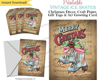 Pattini da ghiaccio natalizi vintage stampabili: decorazioni, etichette regalo (download digitale)