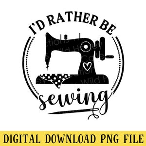 Peut inclure: Design graphique noir et blanc avec le texte "I'd rather be sewing" en cercle autour d'une silhouette de machine à coudre.