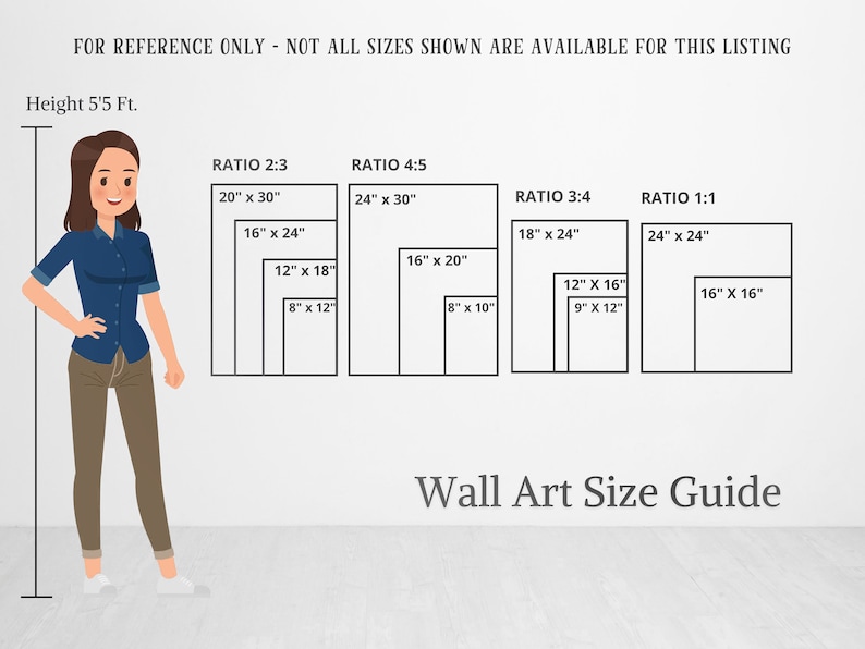 Peut inclure: Un guide de taille d'art mural avec une femme debout &agrave; c&ocirc;t&eacute;. Le guide montre diff&eacute;rents ratios de tailles d'art mural, notamment 2:3, 4:5, 3:4 et 1:1. Les tailles sont indiqu&eacute;es en pouces.