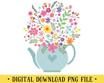 Teapot Vase with Flowers, PNG, Spring Flowers, Transparent File, Sublimation, Crafting, INSTANT DOWNLOAD