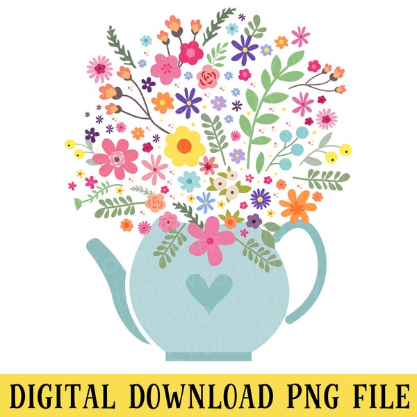 Teapot Vase with Flowers, PNG, Spring Flowers, Transparent File, Sublimation, Crafting, INSTANT DOWNLOAD