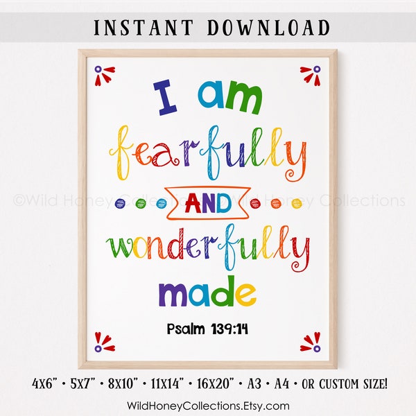 I Am Fearfully And Wonderfully Made , Psalm 139:14, Kid Room Printable Wall Art, Rainbow Colors, Bright Colors, Play Room, INSTANT DOWNLOAD