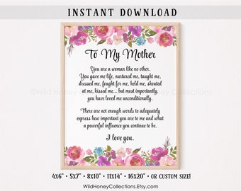 Mom Poem, To My Mother, Printable Gift for Mom, Mother's Day Gift, Greeting Card, Pink Flowers, INSTANT DIGITAL DOWNLOAD