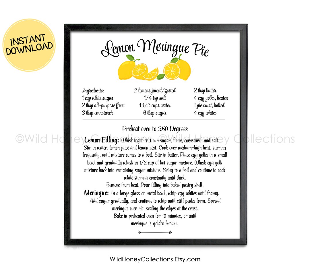 Lemon Meringue Pie Recipe, Printable Decor, Kitchen Wall Art, Grandma's ...