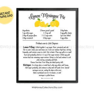 Lemon Meringue Pie Recipe, Printable Decor, Kitchen Wall Art, Grandma&#39;s Old-Fashioned Lemon Meringue Pie, JPG, PNG File, Instant Download