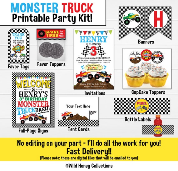 Monster Trucks Birthday Party Printable Kit Printable Diy Etsy