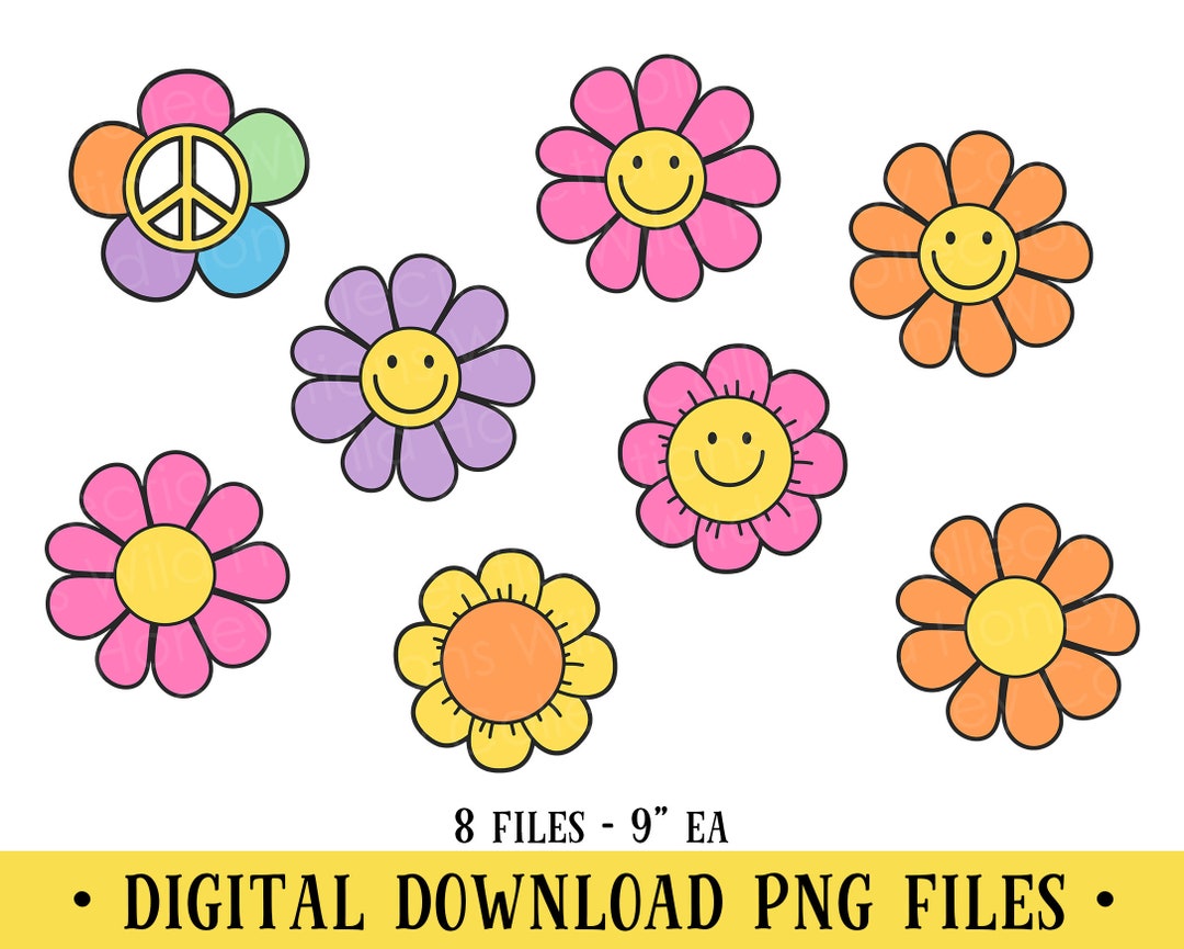 Retro Daisy Flower Clipart: 8 PNG Files for Sublimation (digital ...