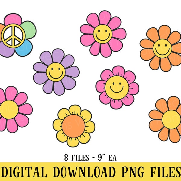 Retro Daisy Flowers, Flower Clipart, 8 PNG Files, Flower Power, Sublimation, Transparent File, INSTANT DOWNLOAD