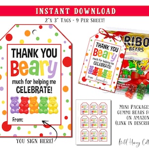 Printable Gummi Bear Favor Tags, 2&quot; x 3&quot;, 9 Per Sheet, Thank You Tags, INSTANT DIGITAL DOWNLOAD