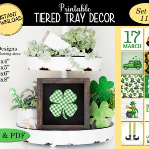 May include: Printable St. Patrick's Day tiered tray decor set of 11 designs. Includes a green gingham shamrock, a rainbow with pots of gold, and a green truck. Available in 4x4, 5x5, 6x6, and 8x8 inch sizes. Instant download in JPG & PDF.