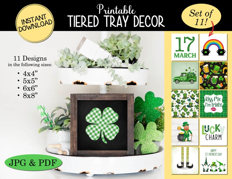 May include: Printable St. Patrick's Day tiered tray decor set of 11 designs. Includes a green gingham shamrock, a rainbow with pots of gold, and a green truck. Available in 4x4, 5x5, 6x6, and 8x8 inch sizes. Instant download in JPG & PDF.