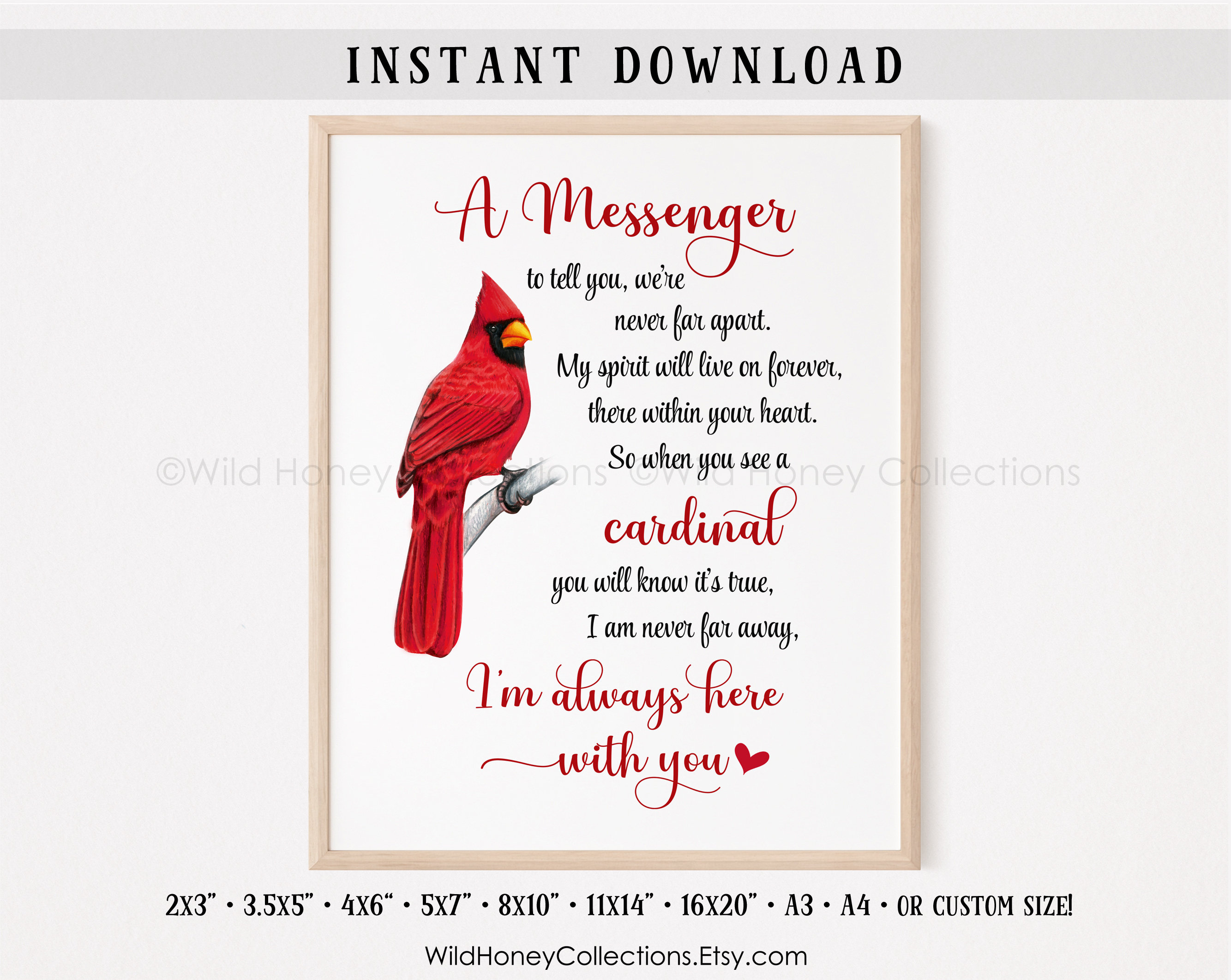 cardinal memorial print: "i am always with you" poem (instant