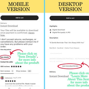 K&ouml;nnte beinhalten: Screenshot eines Etsy-Eintrags f&uuml;r einen digitalen Download. Die mobile Version zeigt "Artikeldetails" und die Desktop-Version "Mehr &uuml;ber diesen Artikel erfahren". Der Eintrag enth&auml;lt den Text "A Gentle Reminder That I Am Always With You".