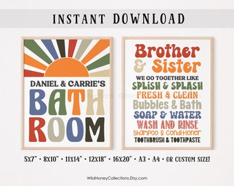 Personalized Brother Sister Bathroom, Retro Sun, Sunshine Bathroom Decor, Kids Bathroom, DIGITAL DOWNLOAD