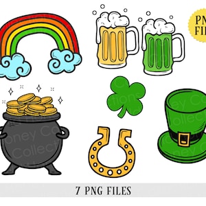 Könnte beinhalten: Sieben digitale Illustrationen zum Thema St. Patrick's Day. Die Bilder zeigen einen Regenbogen, einen Topf voller Gold, ein Kleeblatt, ein Hufeisen, einen Koboldhut und zwei Bierkrüge.