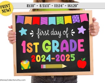 Eerste dag van het eerste leerjaar, eerste leerjaar, afdrukbaar schoolbord, fotorekwisiet, meisje, INSTANT DIGITALE DOWNLOAD