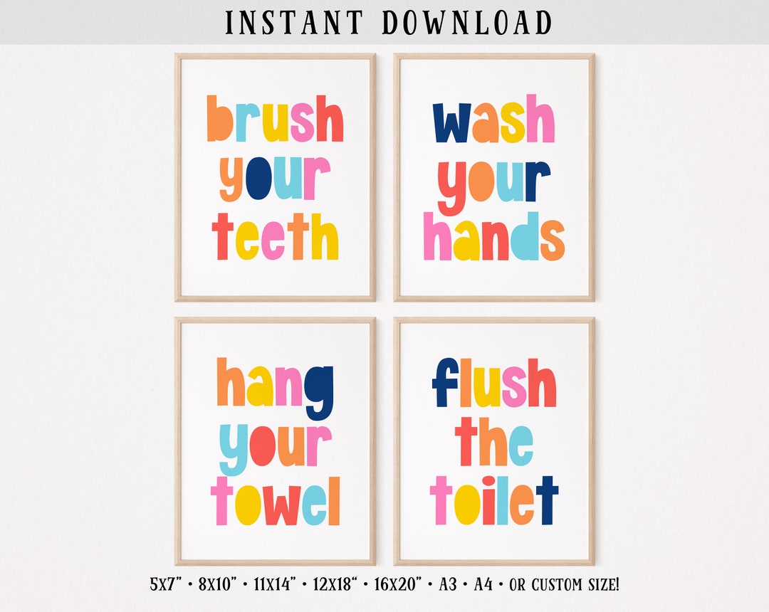 Colorful Kids Bathroom Printable Signs, Set of 4, Brush Your Teeth ...