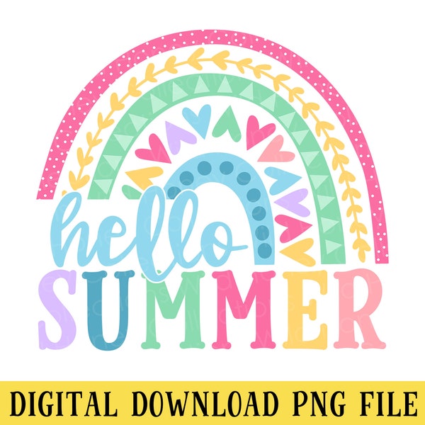 Hello Summer, PNG File, Rainbow, Hearts, Crafting, Sublimation, Instant Digital Download