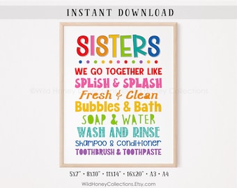 Sisters We Go Together | Kids Bathroom Printable | Whimsical Wall Art | DIGITAL DOWNLOAD