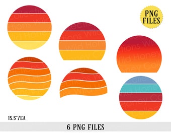 Retro solnedgång, 6 PNG-filer, sublimering, dämpade färger, retro sol, transparent fil, direkt nedladdning