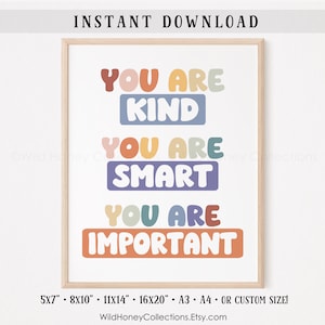 Pode incluir: Um cartaz imprimível com o texto "You are kind. You are smart. You are important." em uma fonte retrô colorida. O cartaz é emoldurado em uma moldura de madeira clara. O texto está em vários tons de azul, verde, laranja e rosa.