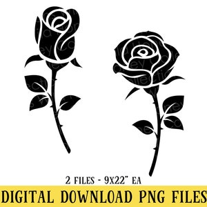 Rossilhuett, blomma Clipart, 2 PNG-filer, sublimering, transparent fil, direkt nedladdning