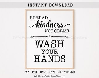 Spread Kindness Not Germs, Wash Your Hands, Printable Farmhouse Bathroom Decor, Both Portrait & Landscape, INSTANT DIGITAL DOWNLOAD
