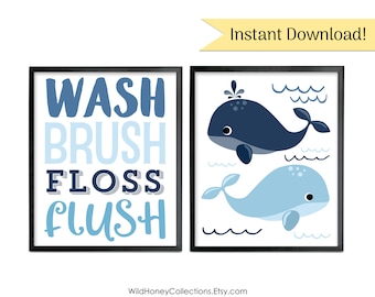 Whales Bathroom Wall Art, Kids Bathroom Decor, Baby Blue, Navy & Aqua Blue, Kids Blue Bathroom, INSTANT DIGITAL DOWNLOAD