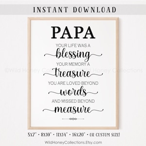 Puede incluir: Descarga digital imprimible en blanco y negro de una cita imprimible para un padre. La cita dice: "Papá, tu vida fue una bendición, tu recuerdo un tesoro, eres amado más allá de las palabras, y te echamos de menos más allá de toda medida". La cita está enmarcada en un marco blanco con un passe-partout negro. Los tamaños 5x7, 8x10, 11x14, 16x20 y personalizados se enumeran debajo de la cita.