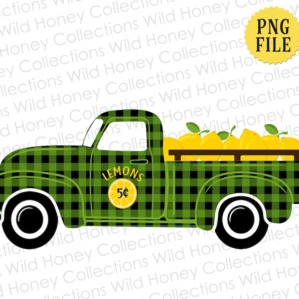 Vintage Green Lemon Truck, Green Black Gingham, PNG File, Crafting, Sublimation, Instant DIGITAL DOWNLOAD