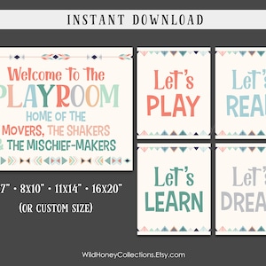 May include: A collection of printable playroom wall art featuring the phrases "Welcome to the Playroom", "Let's Play", "Let's Read", "Let's Learn", and "Let's Dream". The art has a cream background with colourful text and decorative borders. Available in various sizes.
