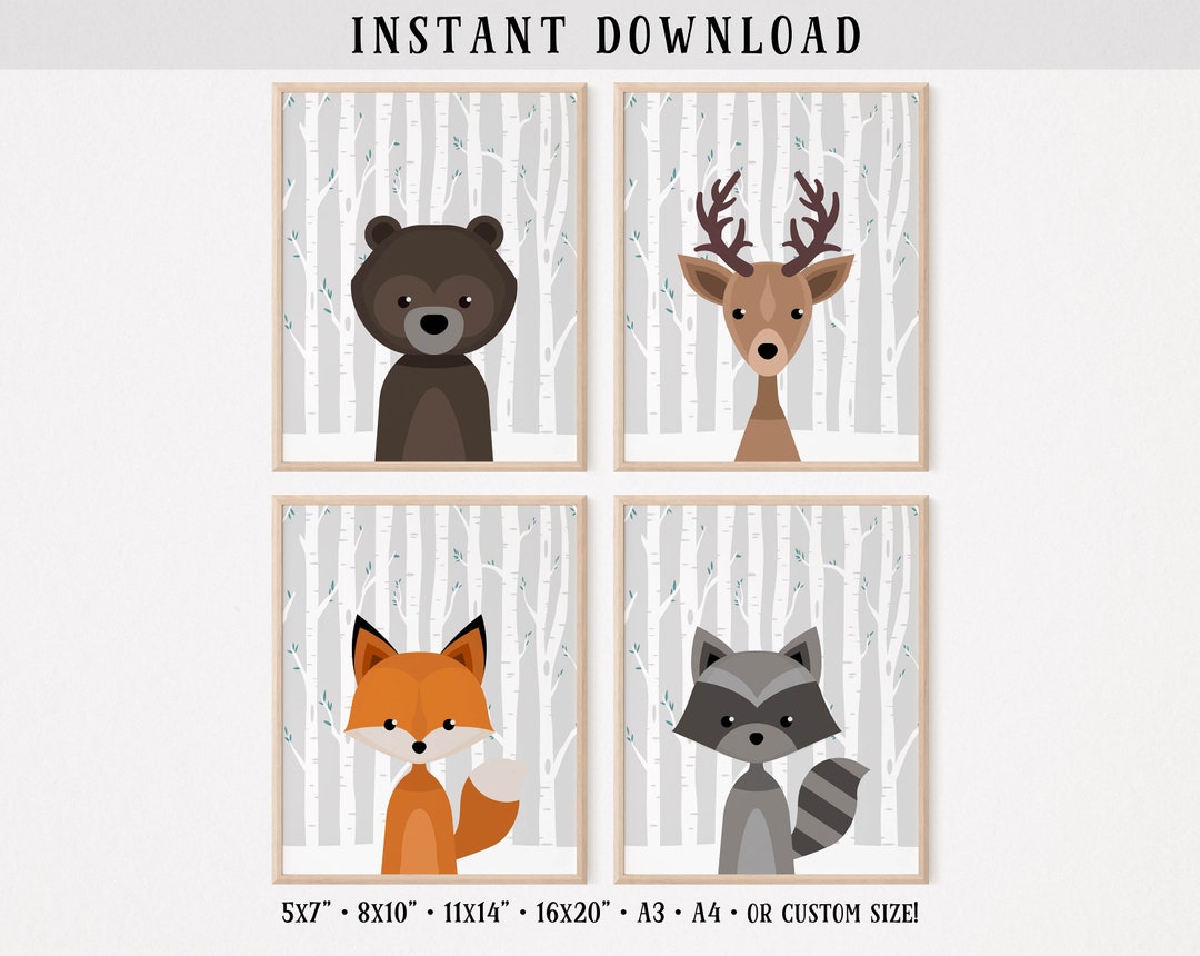 Woodland Animals, Printable Nursery Wall Decor, Kids Room, Set of 4 ...