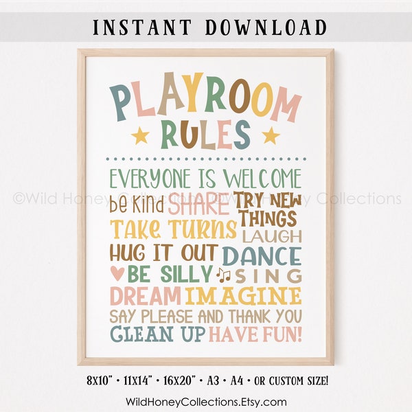 PlayRoom Rules, Printable Wall Decor, Kids Room Wall Art, Bright Boho Colors, Colorful Play Room Decor, INSTANT DIGITAL DOWNLOAD