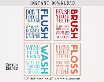 Bathroom Rules Art Prints | Wash Brush Floss Flush | Kids Bathroom Decor | DIGITAL DOWNLOAD