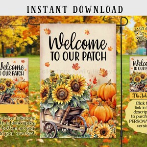 Könnte beinhalten: Ein digitaler Download von zwei 12x18 Zoll großen, druckbaren Gartenflaggen mit einem "Willkommen auf unserem Feld"-Design mit Sonnenblumen, Kürbissen und einer Schubkarre. Die Flaggen sind in den Formaten JPG und PNG verfügbar.