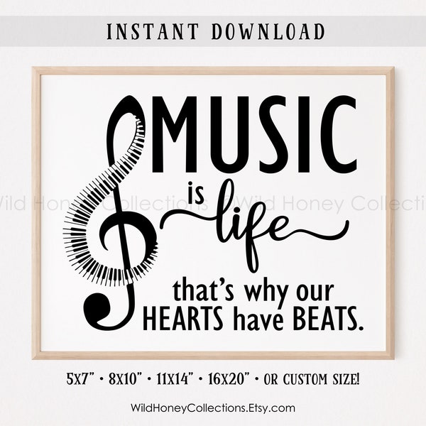 Music Is Life, Printable Wall Decor, Music Lover Gift, Music Teacher Gift, Printable Music Quote, INSTANT DIGITAL DOWNLOAD