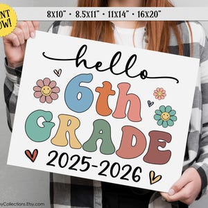 Hello 6th Grade, First Day of 6th Grade, Printable School Sign, Retro, Photo Prop, Girl, INSTANT DIGITAL DOWNLOAD